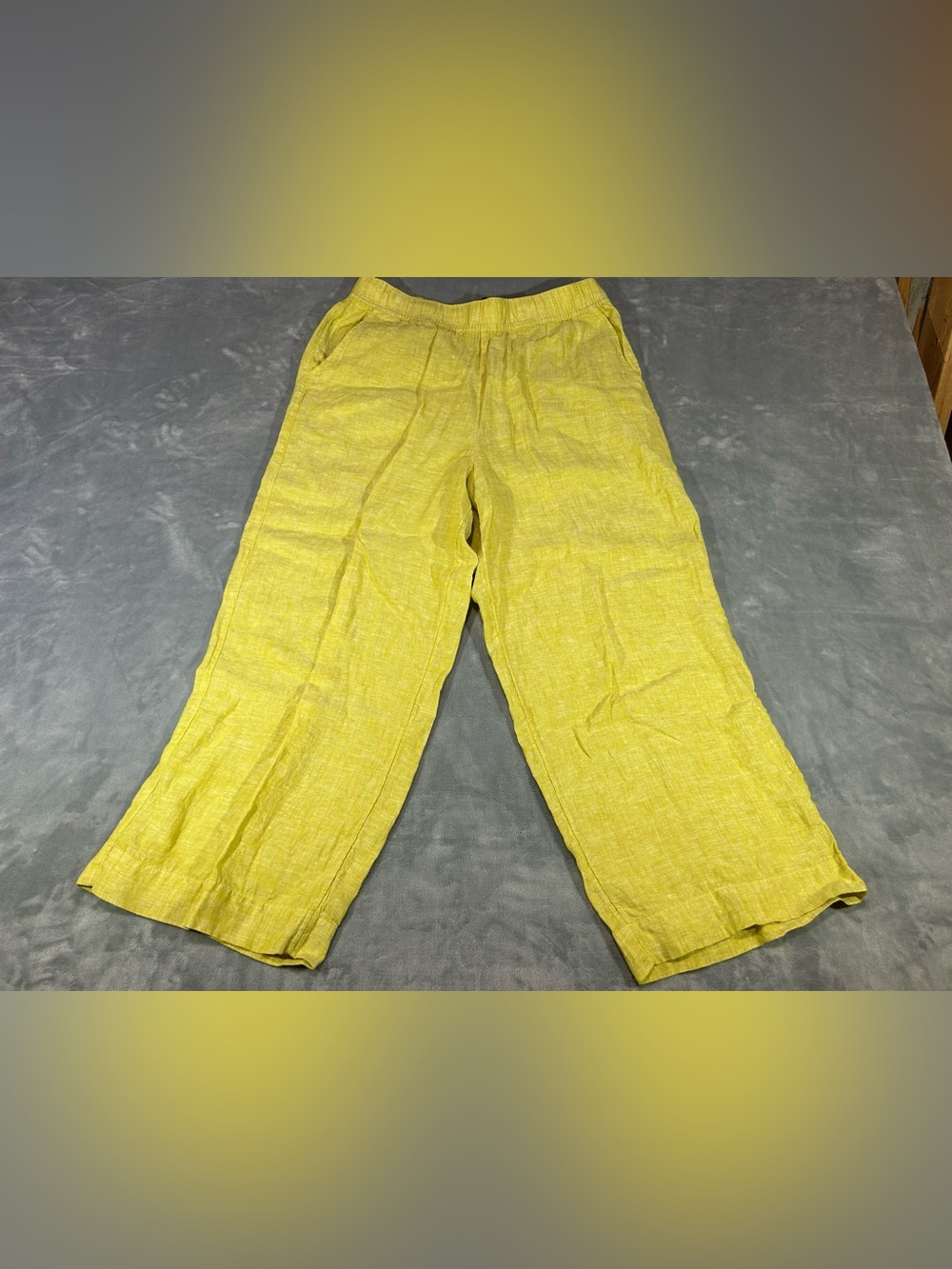 Tahari Womens Size Large Yellow Linen Elastic Waist Wide Leg Pants